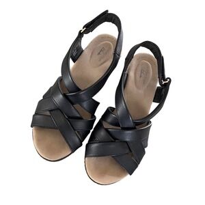 Clarks Collection Black Leather Strappy Cork Wedge Sandals Womens Size 8 M